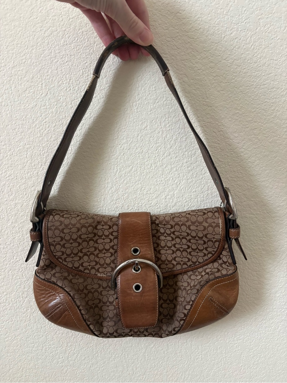 Coach Brown Signature Canvas Shoulder Bag with Tan Leather Trim 6818